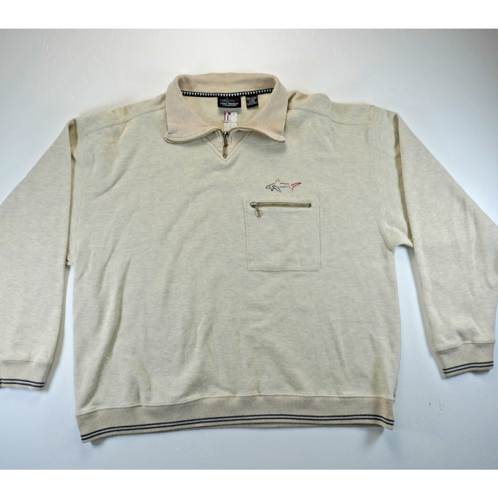 Vintage Greg Norman Collection Quarter Zip Pullover XXL Beige Shark Logo Golf Sw